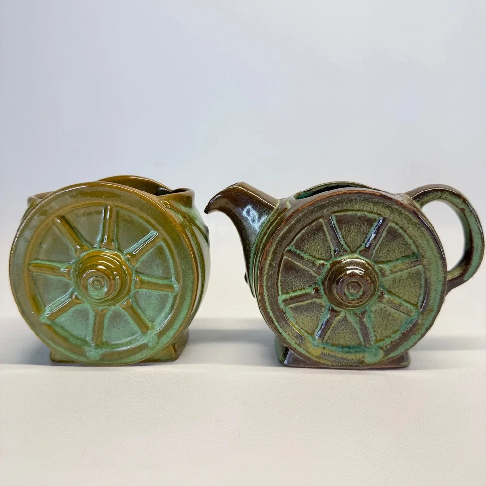 Vintage Frankoma Pottery Wagon Wheel Teapot and Creamer Set Prairie Green